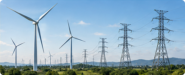 Aerogeradores e linhas de transmissão de energia
