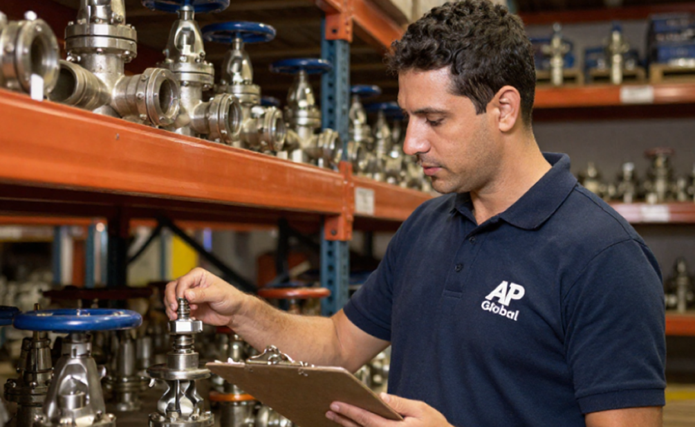 Profissional conferindo válvulas e materiais industriais em estoque
